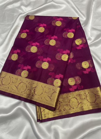 Dark Purple Banarasi Kora Organza Silk with Gold & Pink Meena Butta Saree - Designer Party Wear