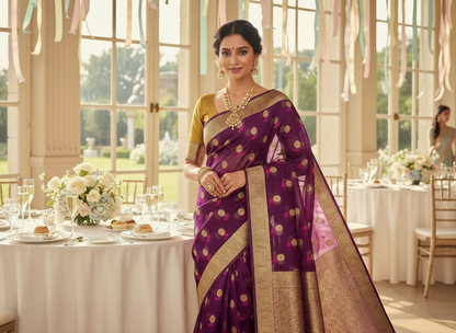 Dark Purple Banarasi Kora Organza Silk with Gold & Pink Meena Butta Saree - Designer Party Wear