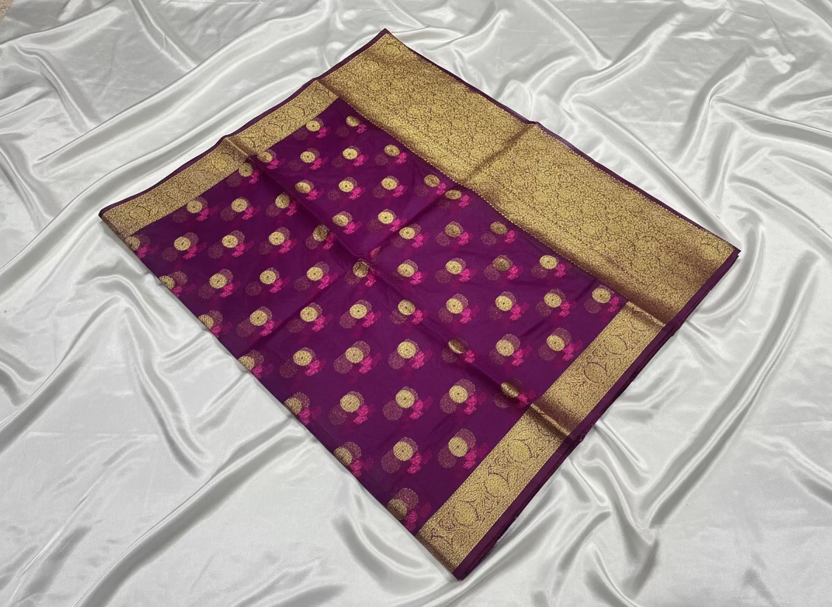 Dark Purple Banarasi Kora Organza Silk with Gold & Pink Meena Butta Saree - Designer Party Wear