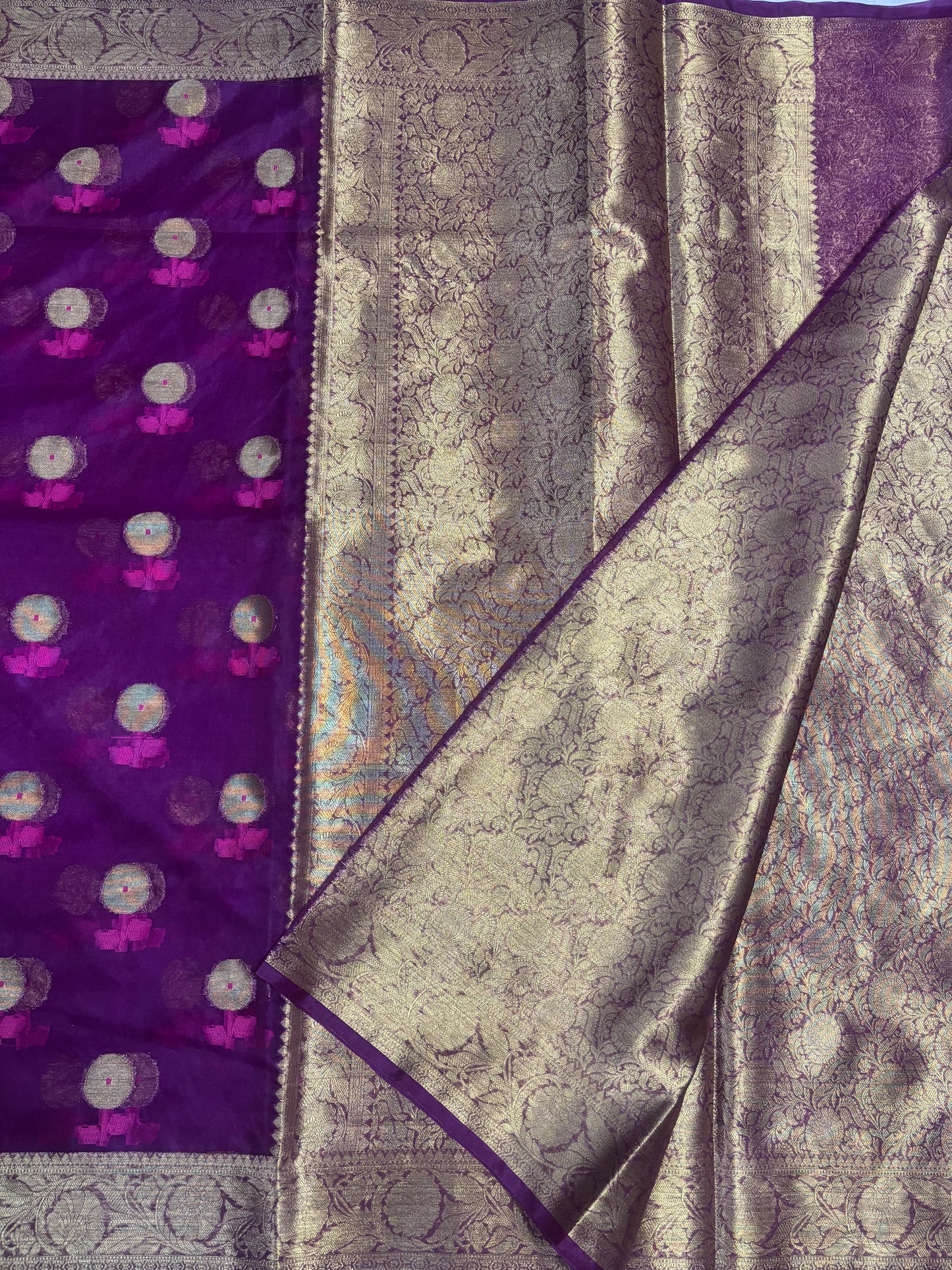Dark Purple Banarasi Kora Organza Silk with Gold & Pink Meena Butta Saree - Designer Party Wear