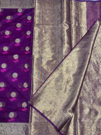 Dark Purple Banarasi Kora Organza Silk with Gold & Pink Meena Butta Saree - Designer Party Wear