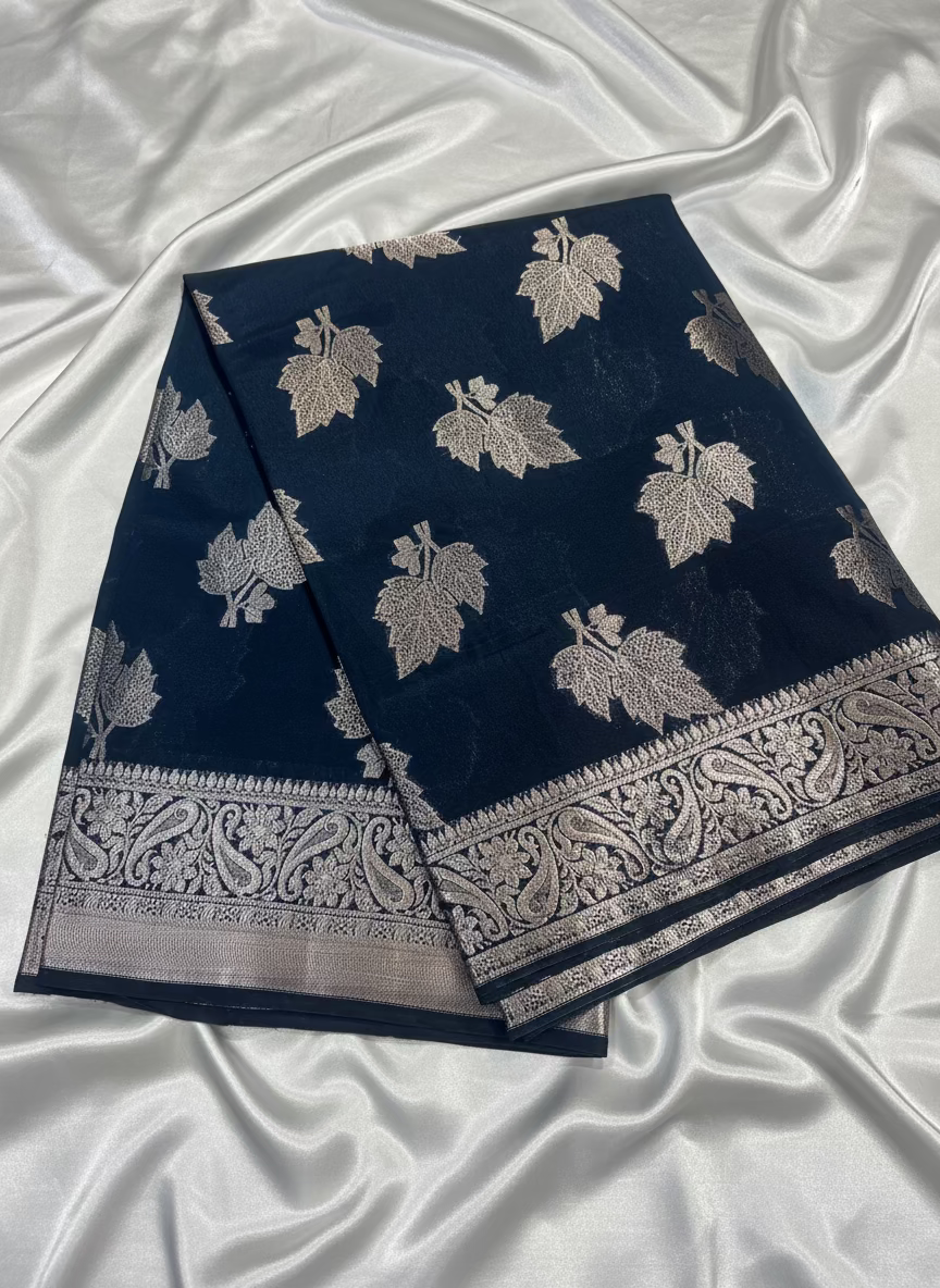 Dark Blue Banarasi Raw Silk, Traditional Wear with Silver Leaf Patterned Weaving