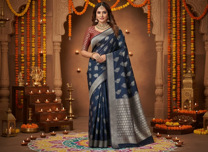 Dark Blue Banarasi Raw Silk, Traditional Wear with Silver Leaf Patterned Weaving
