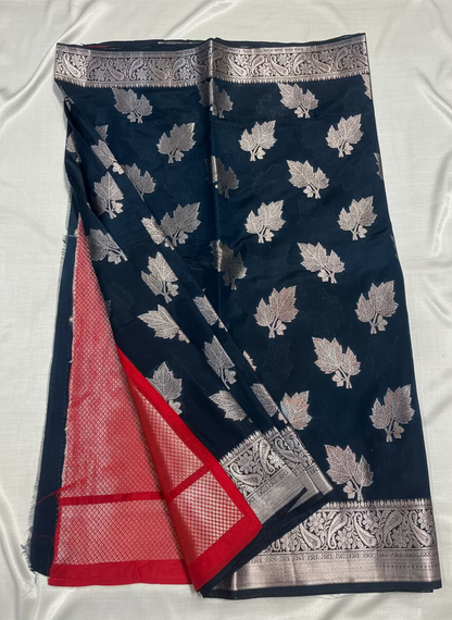 Dark Blue Banarasi Raw Silk, Traditional Wear with Silver Leaf Patterned Weaving