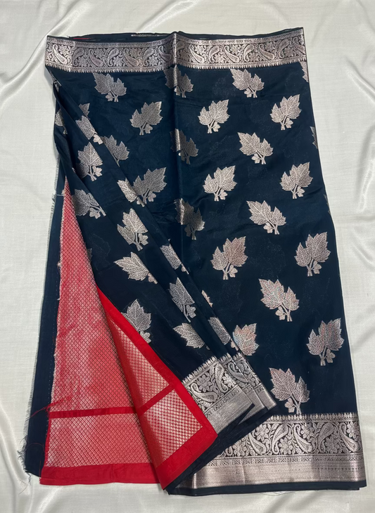 Dark Blue Banarasi Raw Silk, Traditional Wear with Silver Leaf Patterned Weaving