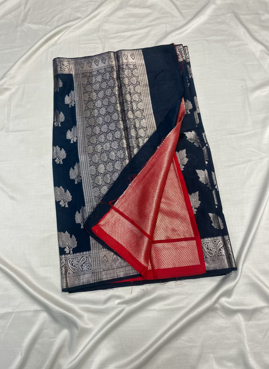 Dark Blue Banarasi Raw Silk, Traditional Wear with Silver Leaf Patterned Weaving