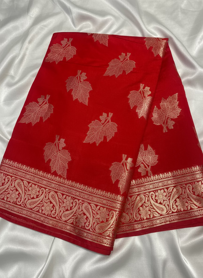 Red Banarasi Raw Silk, Traditional Wear with Silver Leaf Patterned Weaving with Contrast Blouse