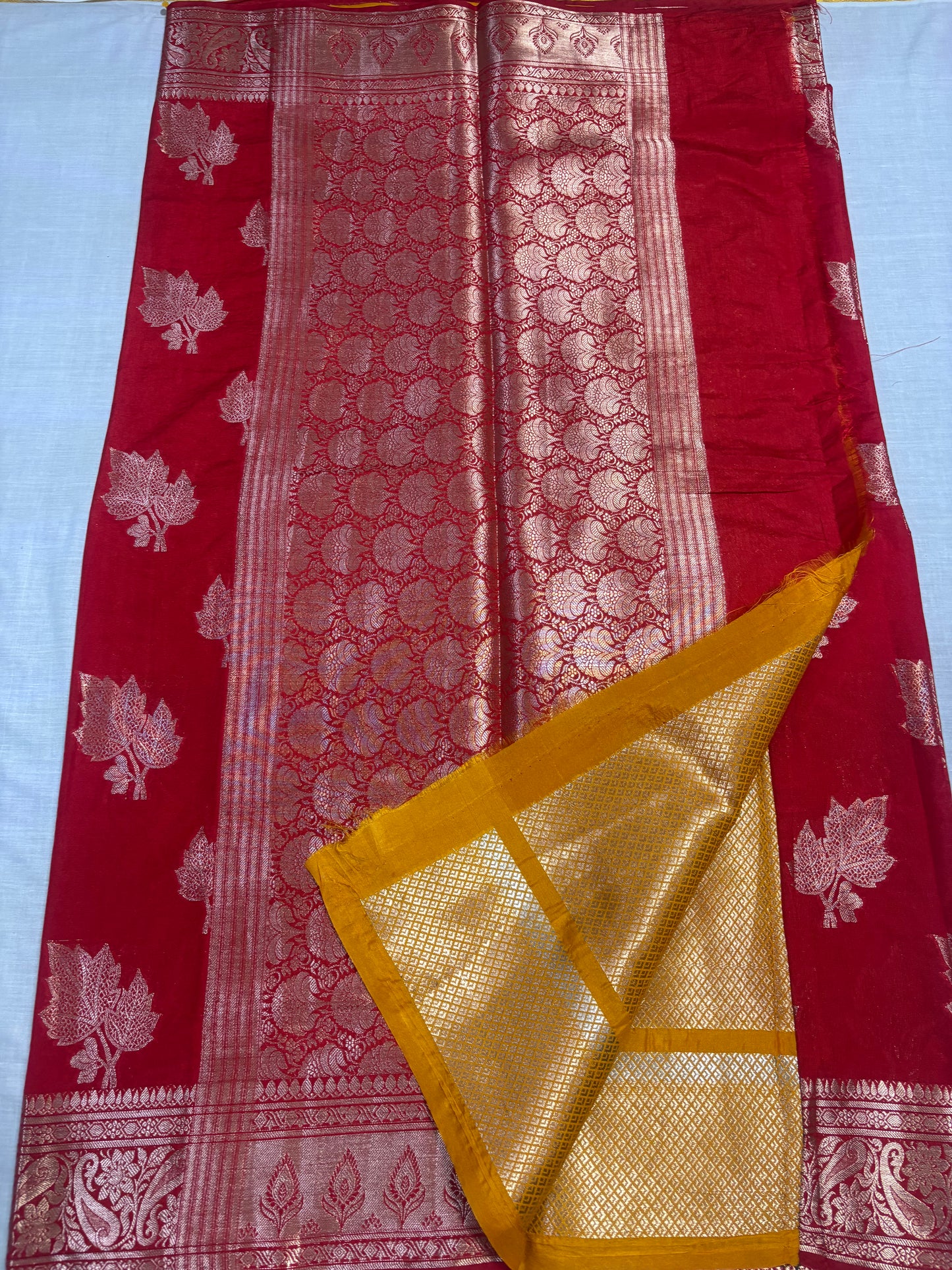 Red Banarasi Raw Silk, Traditional Wear with Silver Leaf Patterned Weaving with Contrast Blouse