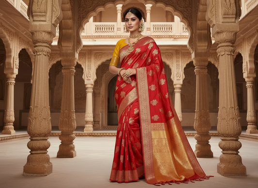 Red Banarasi Raw Silk, Traditional Wear with Silver Leaf Patterned Weaving with Contrast Blouse