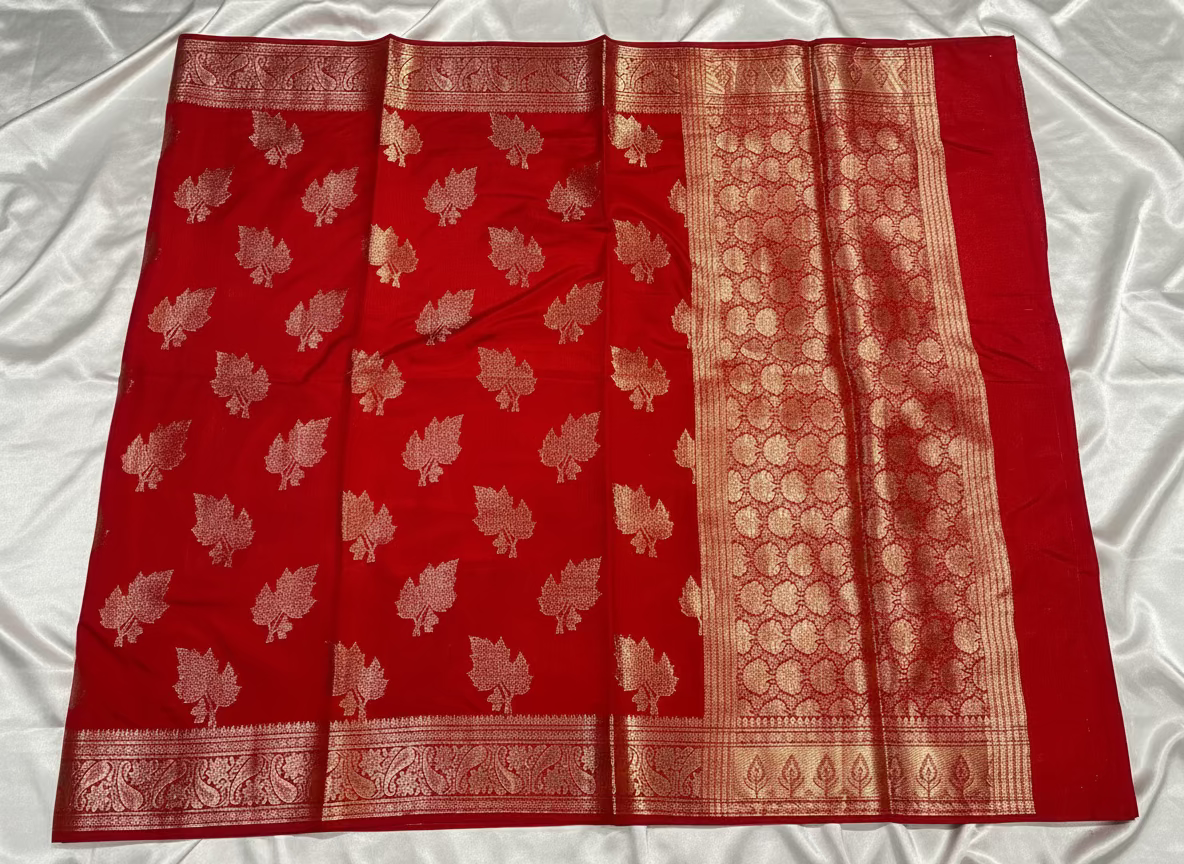 Red Banarasi Raw Silk, Traditional Wear with Silver Leaf Patterned Weaving with Contrast Blouse