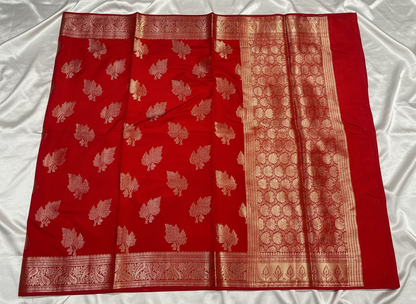 Red Banarasi Raw Silk, Traditional Wear with Silver Leaf Patterned Weaving with Contrast Blouse