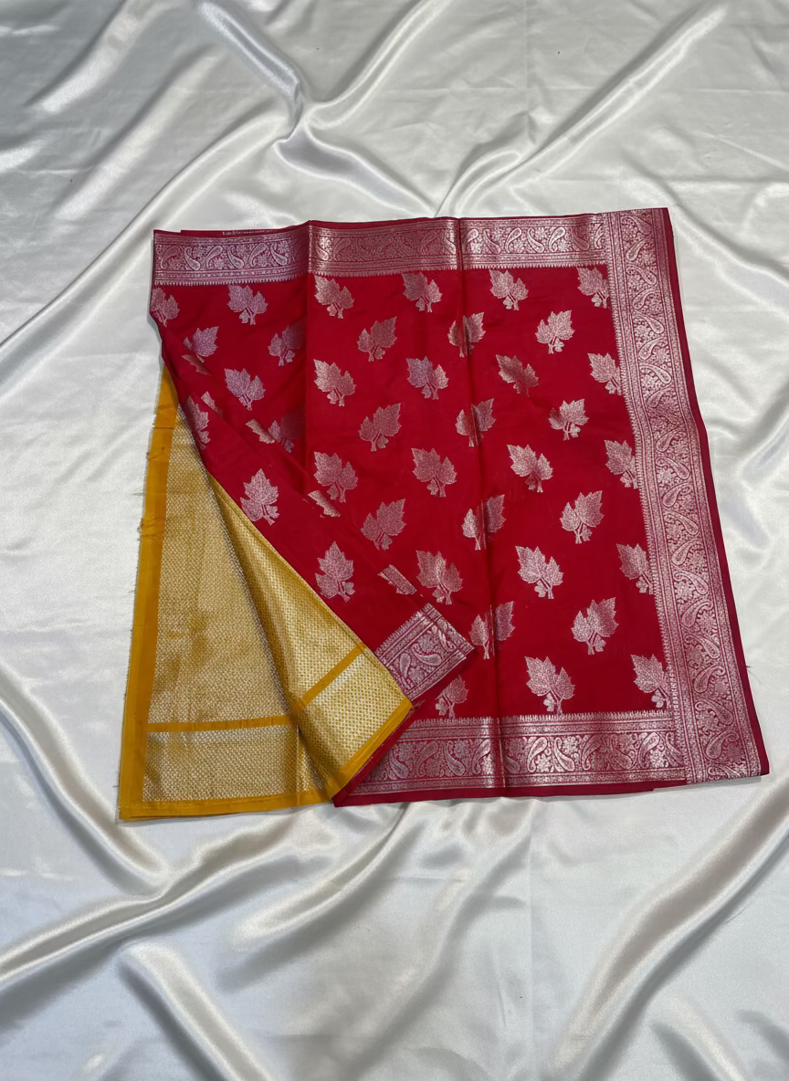 Red Banarasi Raw Silk, Traditional Wear with Silver Leaf Patterned Weaving with Contrast Blouse