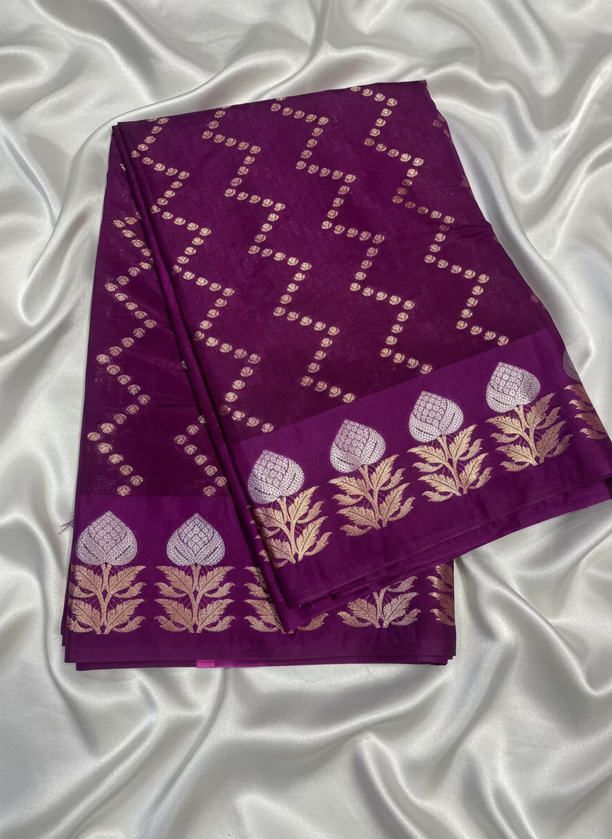 Purple Banarasi Raw Silk, Traditional Wear with Zig zag pattern weaving with Open Border