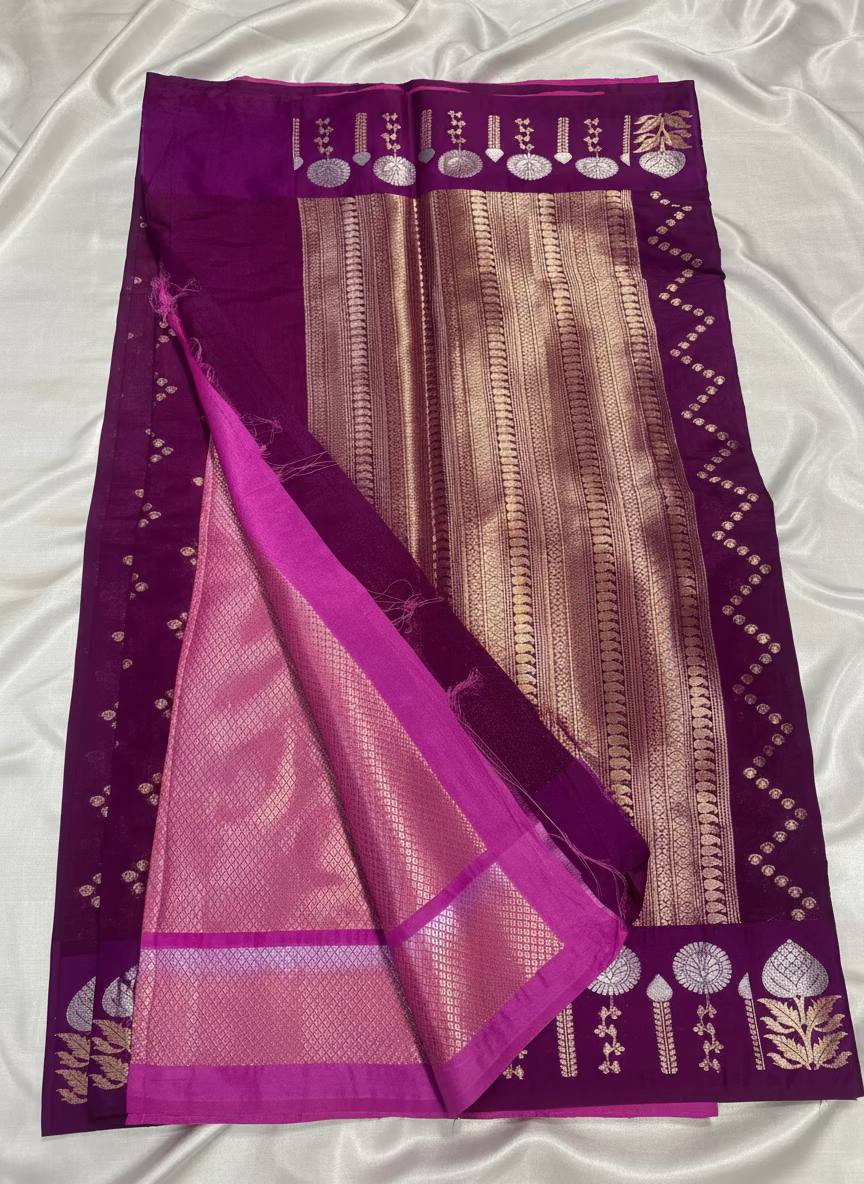 Purple Banarasi Raw Silk, Traditional Wear with Zig zag pattern weaving with Open Border