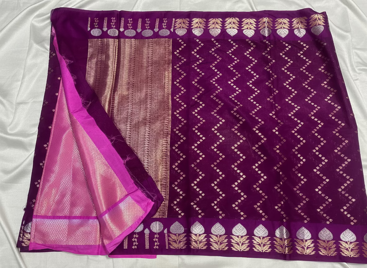 Purple Banarasi Raw Silk, Traditional Wear with Zig zag pattern weaving with Open Border