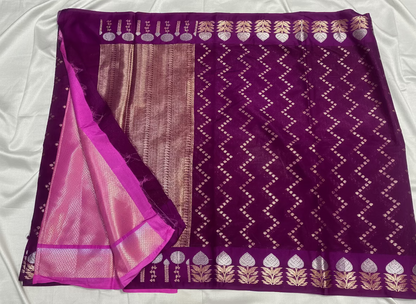 Purple Banarasi Raw Silk, Traditional Wear with Zig zag pattern weaving with Open Border