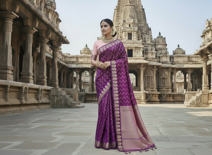 Purple Banarasi Raw Silk, Traditional Wear with Zig zag pattern weaving with Open Border