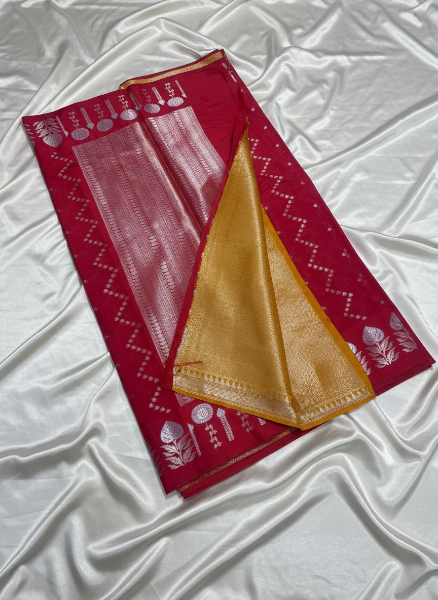 Red Banarasi Raw Silk, Traditional Wear with Zig zag pattern weaving with Open Border