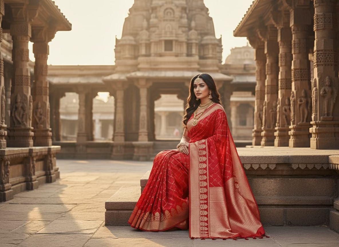 Red Banarasi Raw Silk, Traditional Wear with Zig zag pattern weaving with Open Border