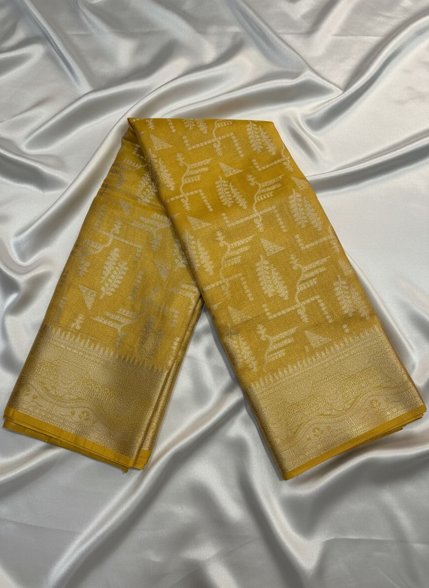 Yellow Banarasi Tissue Katan Silk Saree with Geometrical Weaving -  Designer Traditional Wear