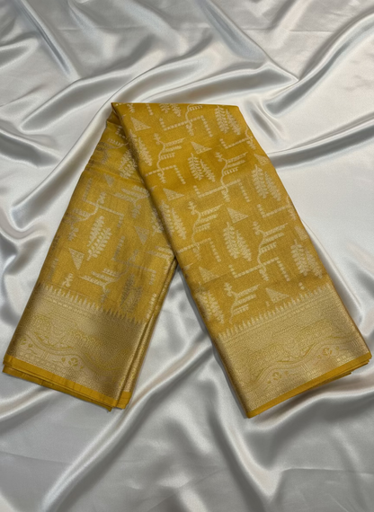 Yellow Banarasi Tissue Katan Silk Saree with Geometrical Weaving -  Designer Traditional Wear