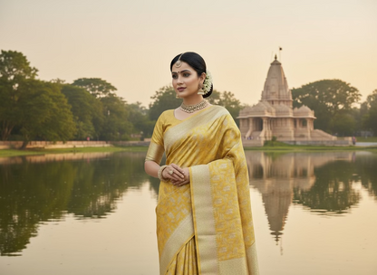Yellow Banarasi Tissue Katan Silk Saree with Geometrical Weaving -  Designer Traditional Wear