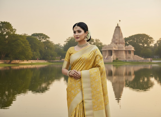 Yellow Banarasi Tissue Katan Silk Saree with Geometrical Weaving -  Designer Traditional Wear