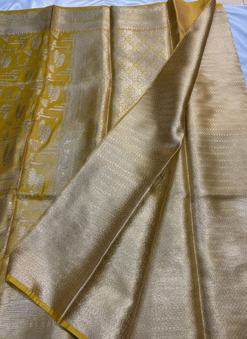 Yellow Banarasi Tissue Katan Silk Saree with Geometrical Weaving -  Designer Traditional Wear
