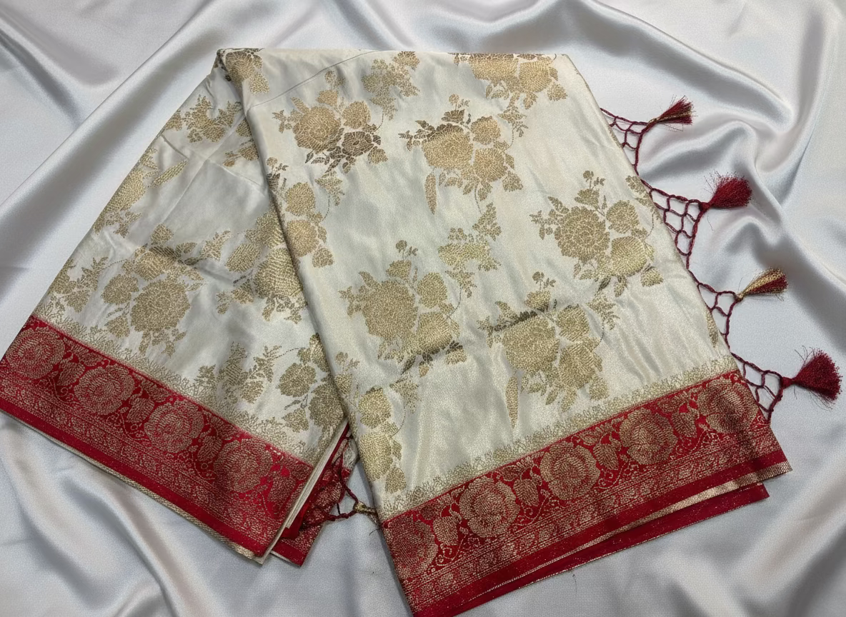 White & Red Banarasi Katan Silk Saree with Red Contrast Border -  Designer Traditional Wear