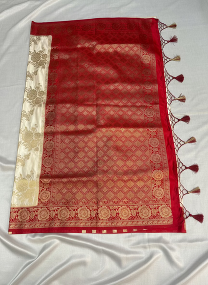 White & Red Banarasi Katan Silk Saree with Red Contrast Border -  Designer Traditional Wear