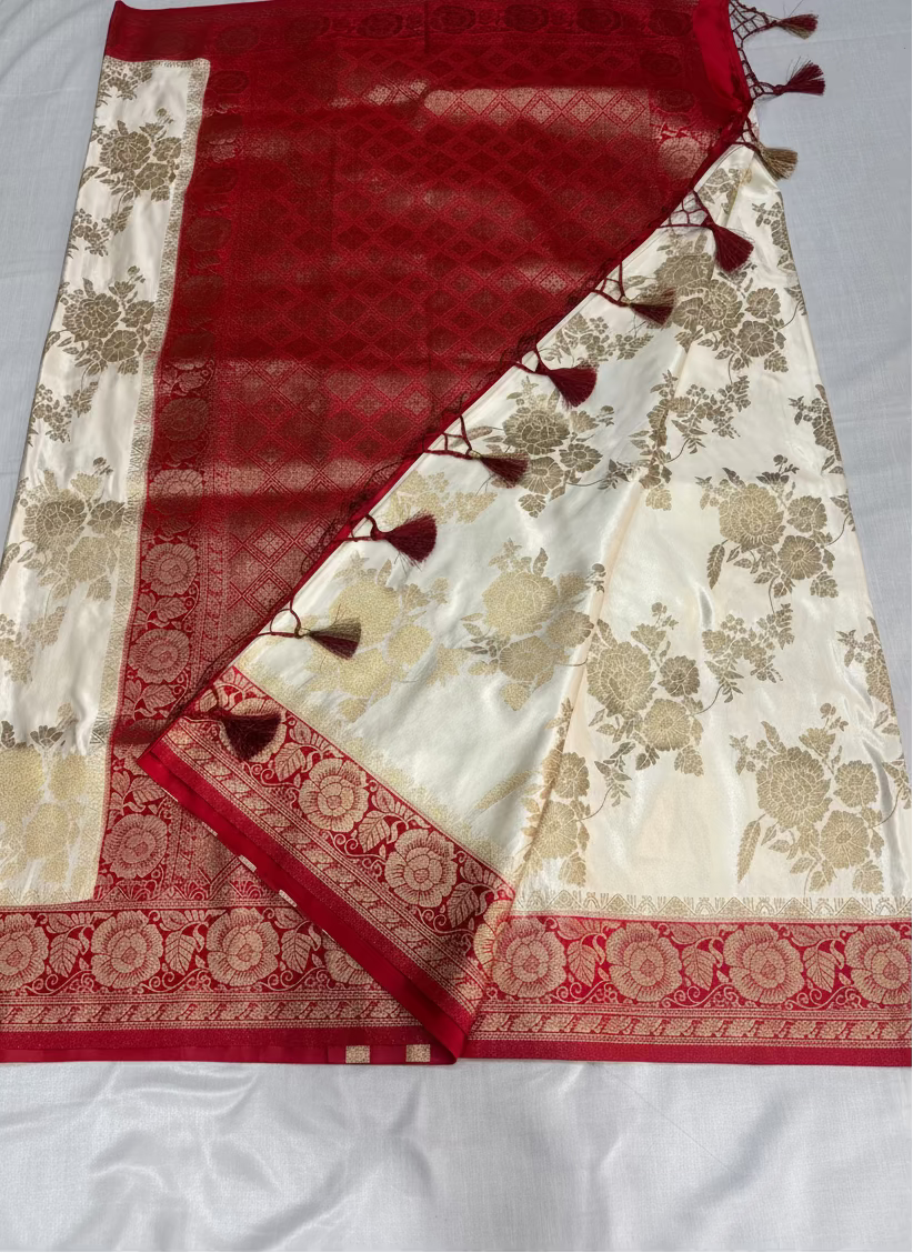 White & Red Banarasi Katan Silk Saree with Red Contrast Border -  Designer Traditional Wear