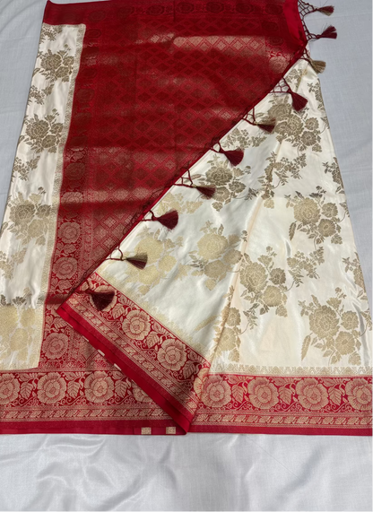 White & Red Banarasi Katan Silk Saree with Red Contrast Border -  Designer Traditional Wear