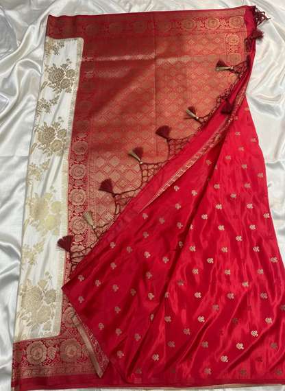White & Red Banarasi Katan Silk Saree with Red Contrast Border -  Designer Traditional Wear