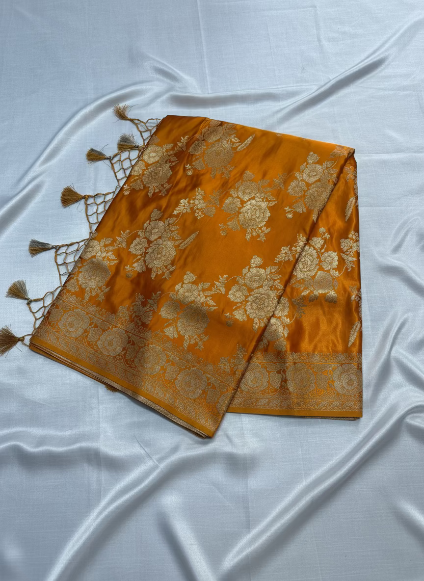 Mustard Yellow Banarasi Katan Silk Saree with Rose Pattern -  Designer Ethnic Wear