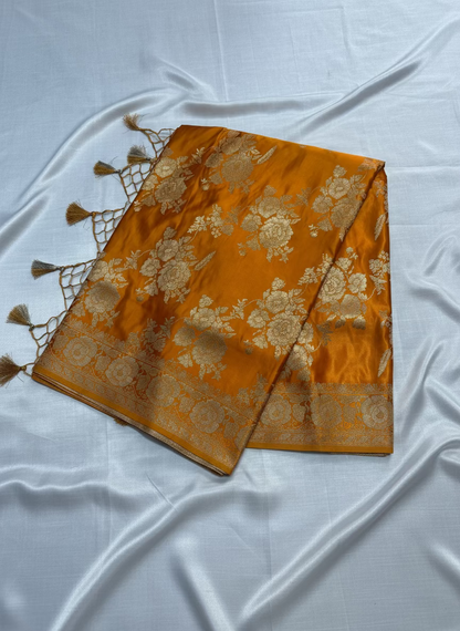 Mustard Yellow Banarasi Katan Silk Saree with Rose Pattern -  Designer Ethnic Wear