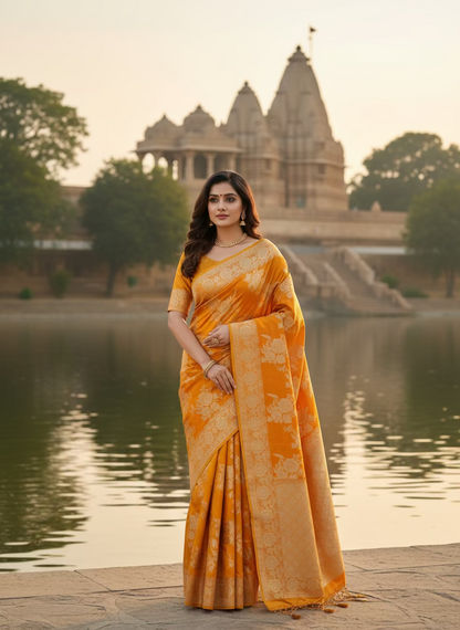 Mustard Yellow Banarasi Katan Silk Saree with Rose Pattern -  Designer Ethnic Wear