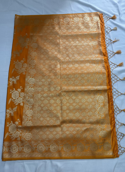 Mustard Yellow Banarasi Katan Silk Saree with Rose Pattern -  Designer Ethnic Wear