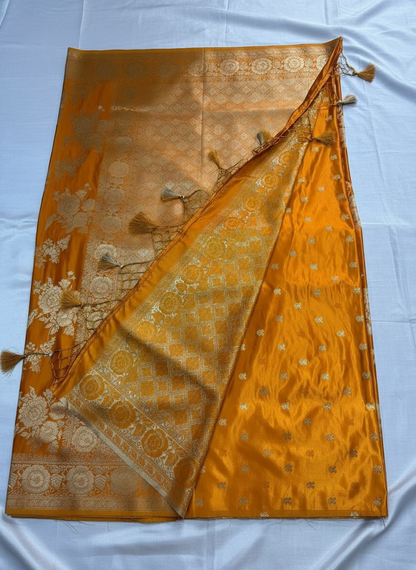 Mustard Yellow Banarasi Katan Silk Saree with Rose Pattern -  Designer Ethnic Wear