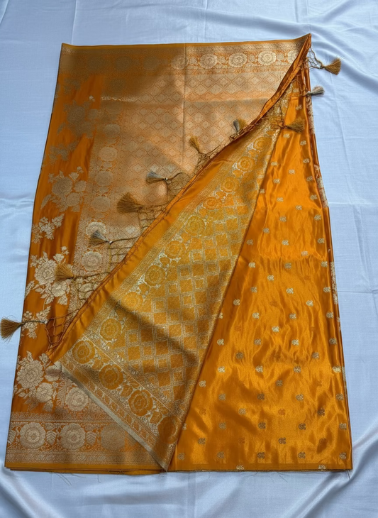 Mustard Yellow Banarasi Katan Silk Saree with Rose Pattern -  Designer Ethnic Wear