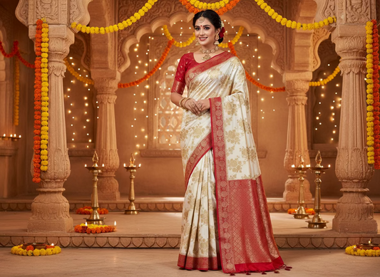 White & Red Banarasi Katan Silk Saree with Red Contrast Border -  Designer Traditional Wear