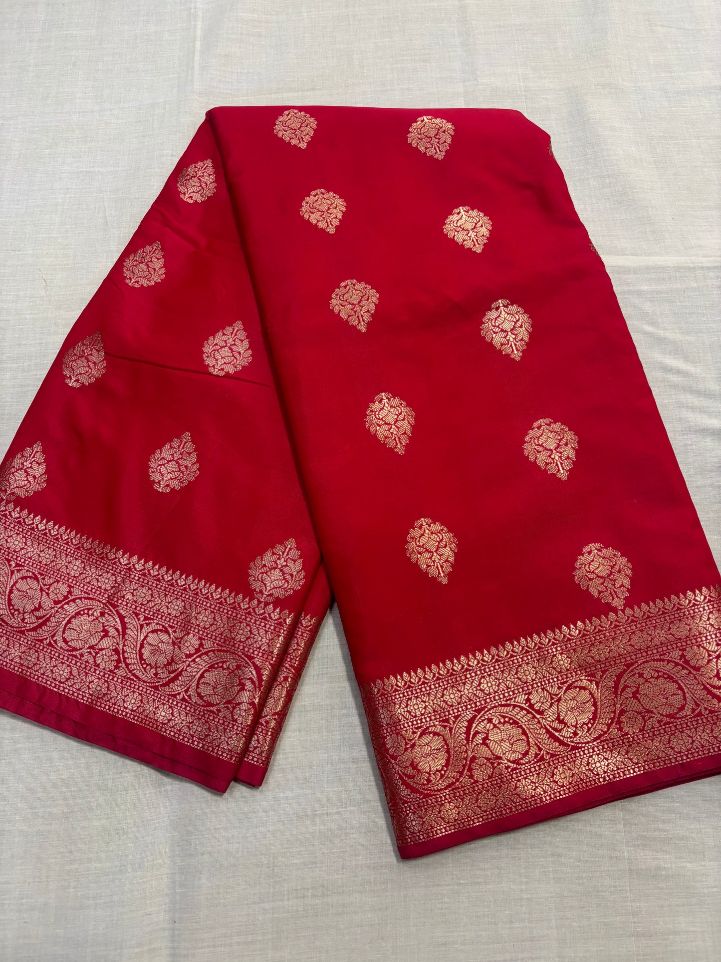 Bright Red Banarasi Katan Mashru Silk Saree with Water Zari Weaving- Traditional Wear