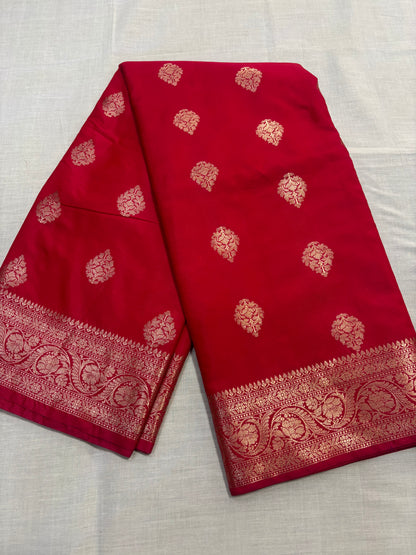 Bright Red Banarasi Katan Mashru Silk Saree with Water Zari Weaving- Traditional Wear