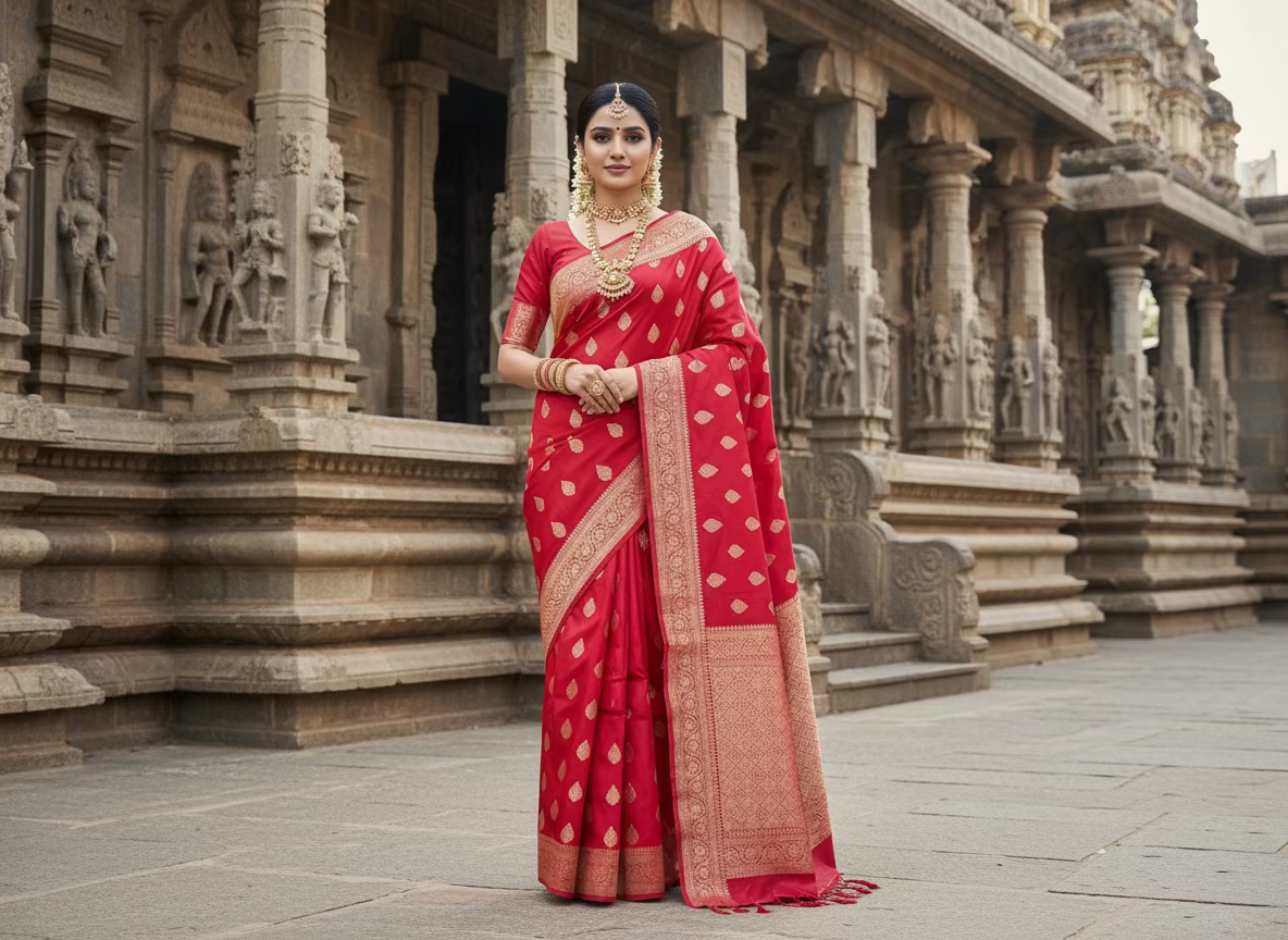 Bright Red Banarasi Katan Mashru Silk Saree with Water Zari Weaving- Traditional Wear