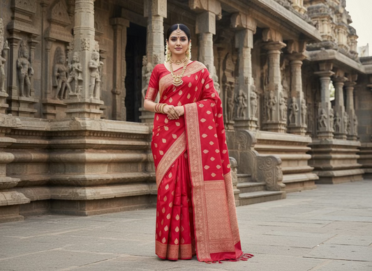 Bright Red Banarasi Katan Mashru Silk Saree with Water Zari Weaving- Traditional Wear