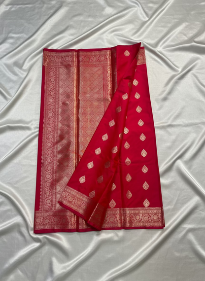 Bright Red Banarasi Katan Mashru Silk Saree with Water Zari Weaving- Traditional Wear