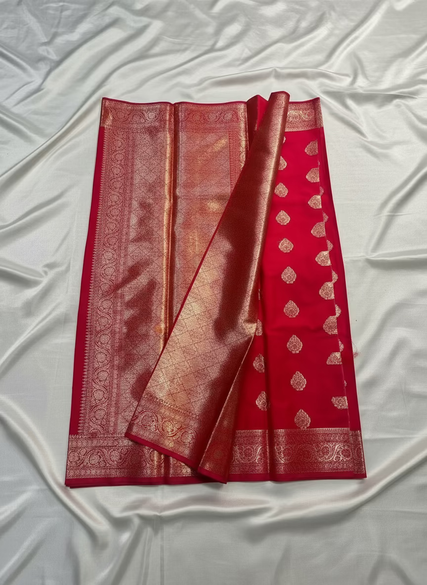 Bright Red Banarasi Katan Mashru Silk Saree with Water Zari Weaving- Traditional Wear