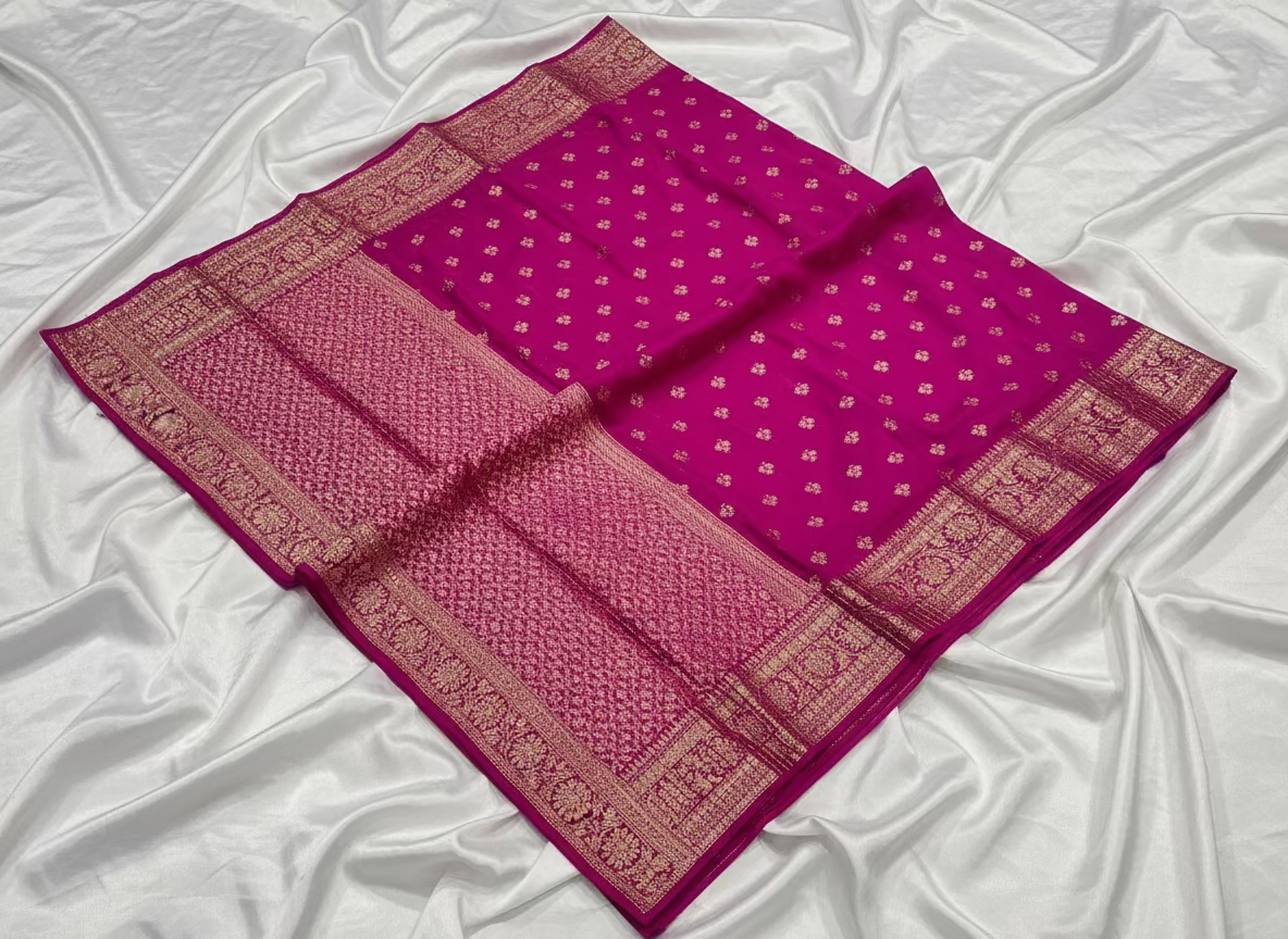 Magenta Banarasi Katan Georgette Saree with Crushed Pallu & Border - Traditional Wear