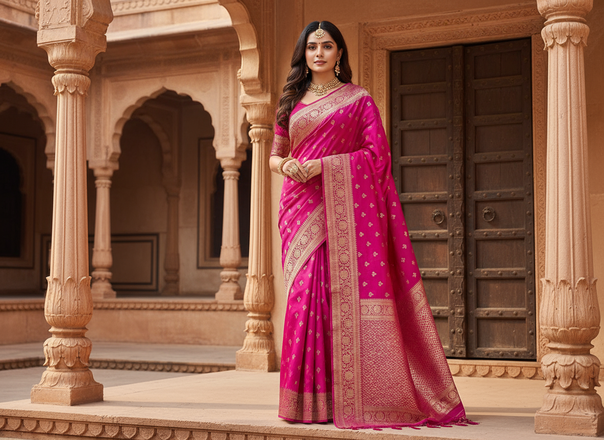 Magenta Banarasi Katan Georgette Saree with Crushed Pallu & Border - Traditional Wear
