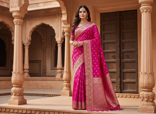 Magenta Banarasi Katan Georgette Saree with Crushed Pallu & Border - Traditional Wear