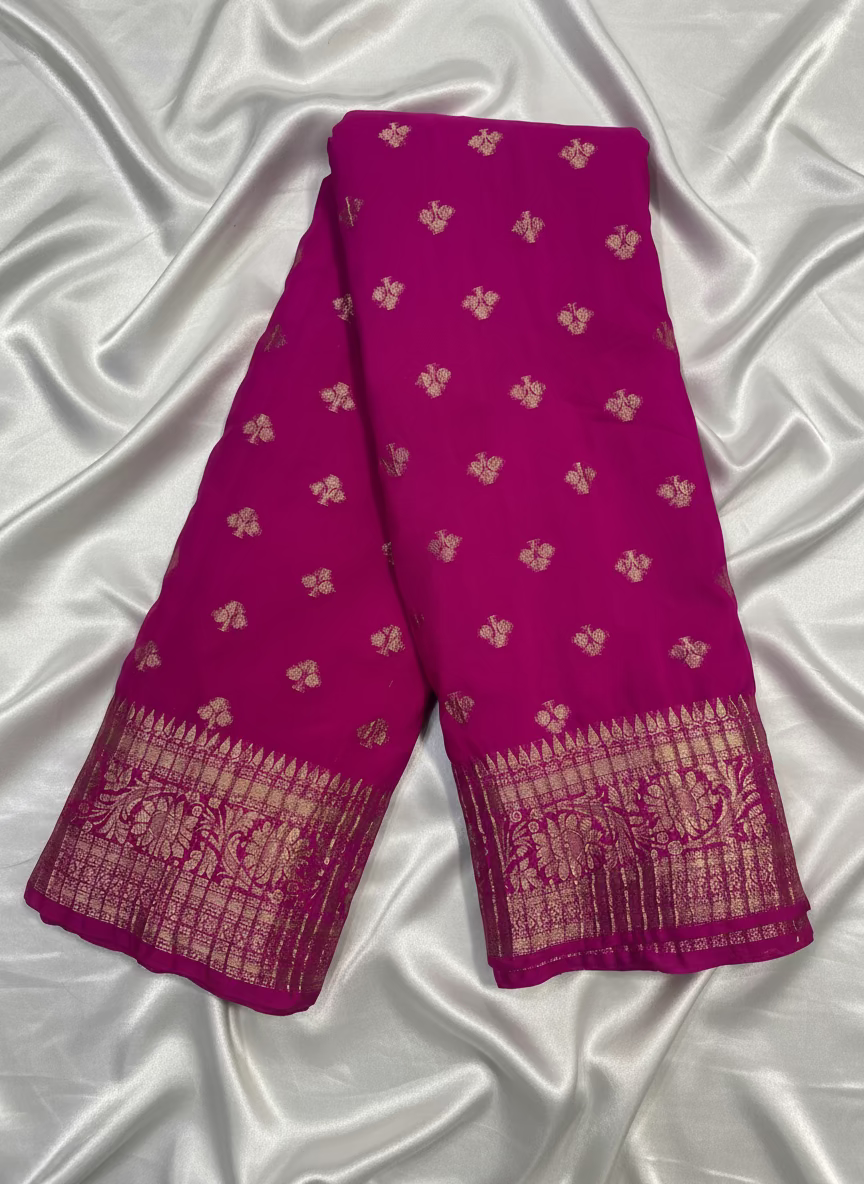 Magenta Banarasi Katan Georgette Saree with Crushed Pallu & Border - Traditional Wear